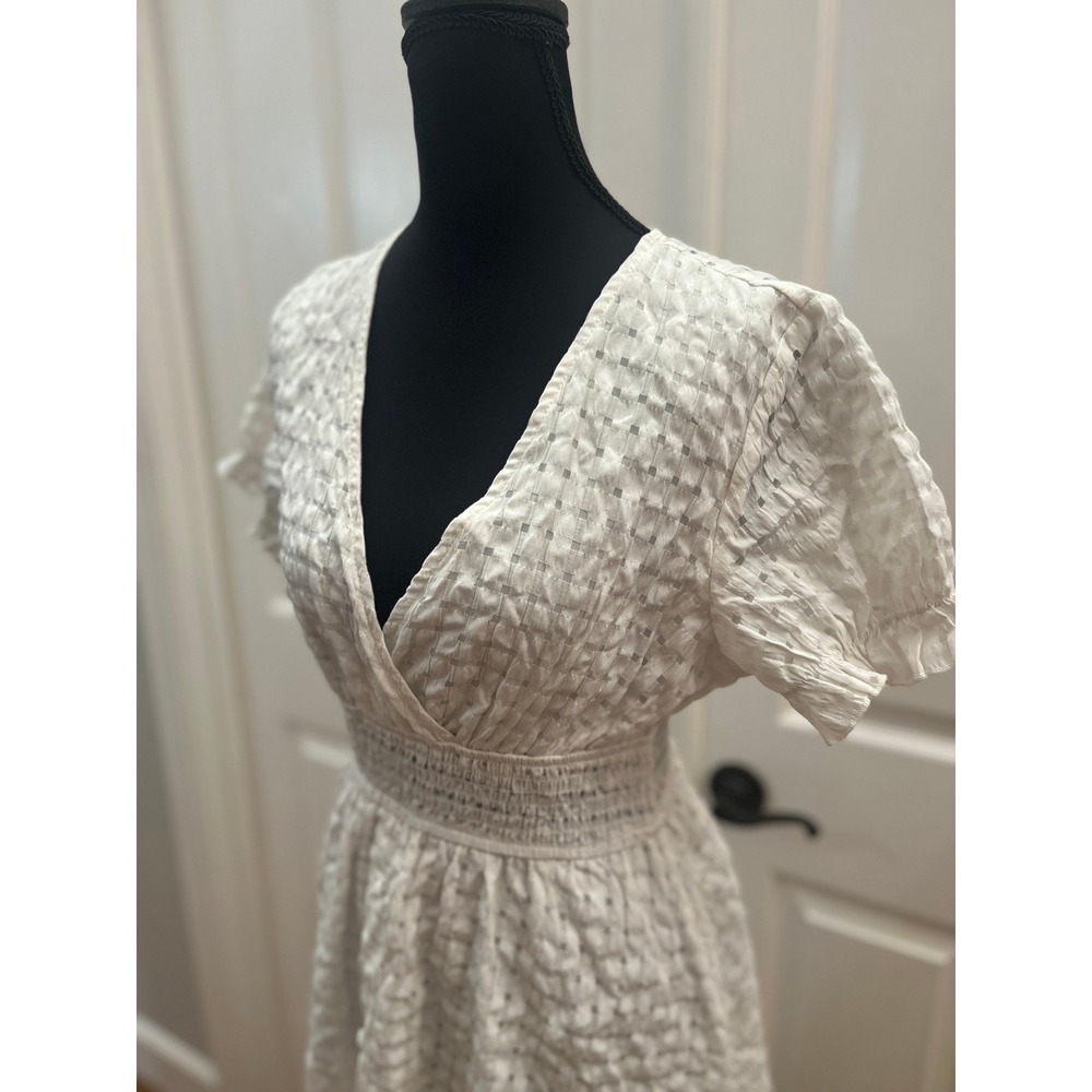 White Grid Jacquard Midi Sundress Smocked Waist Flutter Sleeve Cottagecore L